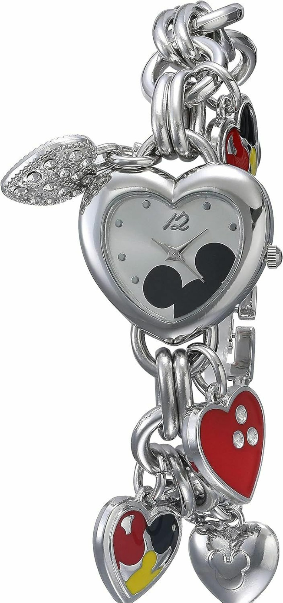 Accutime Disney Mickey Mouse Charm Bracelet Watch -Silver-Tone Heart Design Quartz Timepiece For Girls & Women Hot