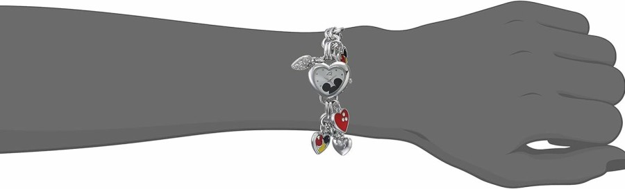 Accutime Disney Mickey Mouse Charm Bracelet Watch -Silver-Tone Heart Design Quartz Timepiece For Girls & Women Hot