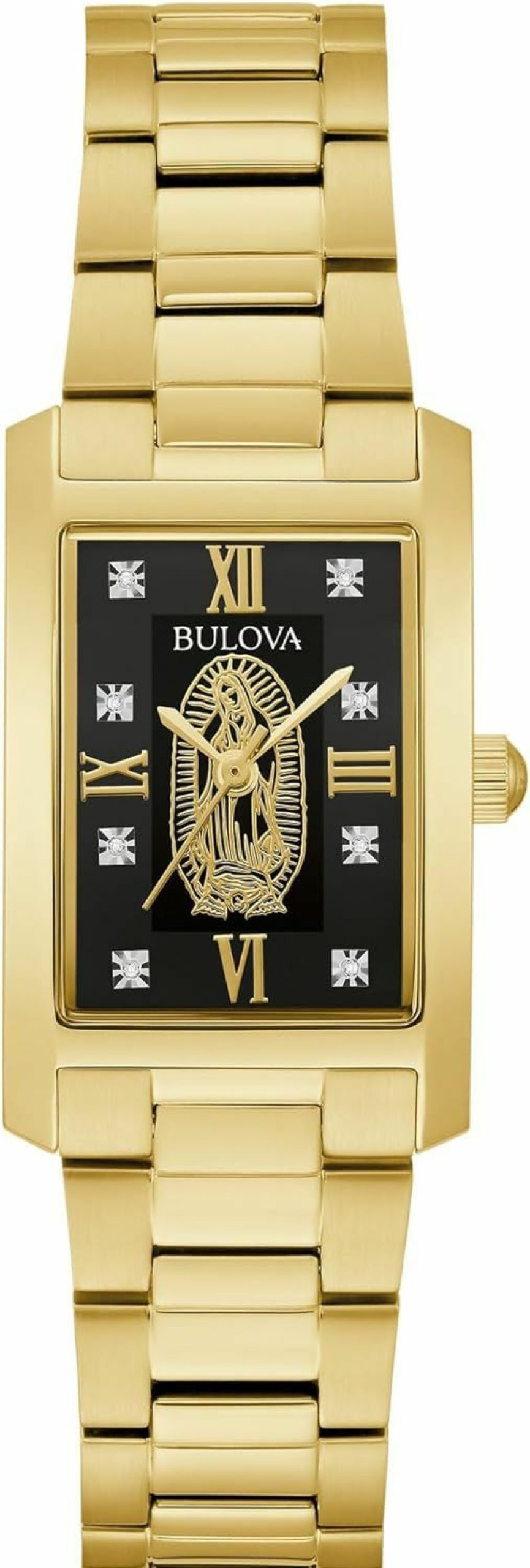 Bulova Bulova Ladies' Classic Diamond Our Lady Of Guadalupe Gold Stainless Steel 3-Hand Quartz Watch, Rectangle Black Dial Style: 97P169 New