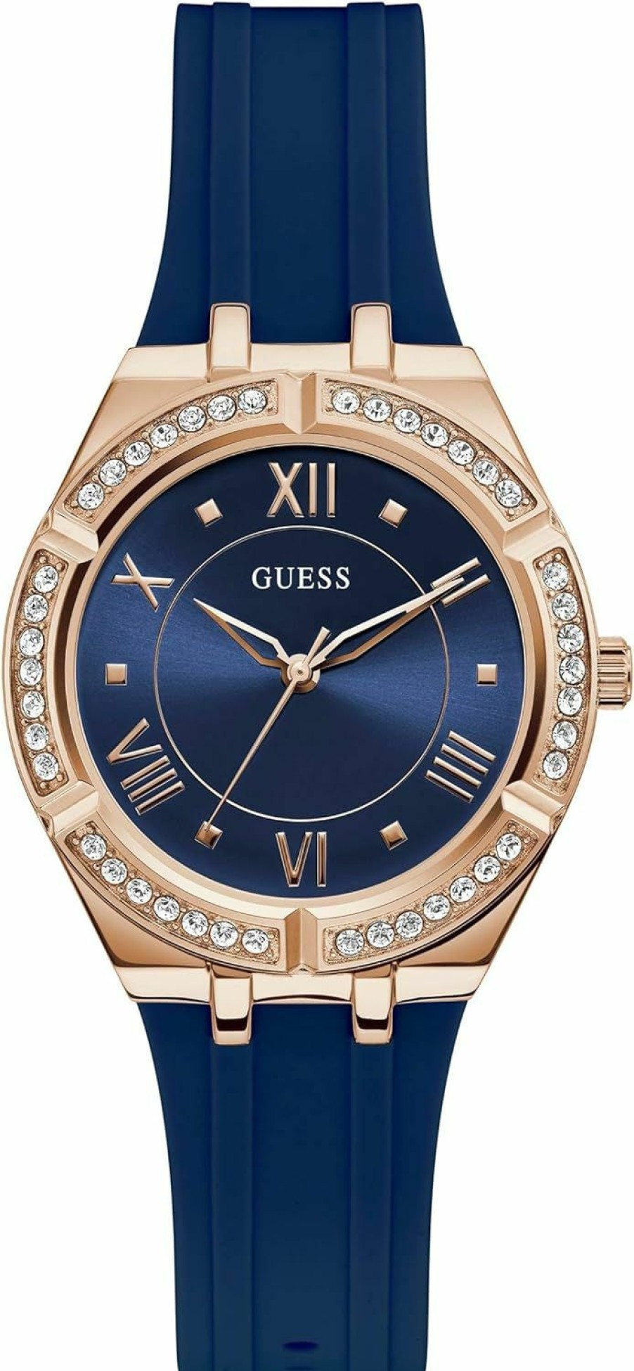 GUESS Guess Blue + Rose Gold-Tone Crystal Silicone Watch Clearance