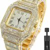 Apzzic Apzzic Diamond Watch Iced Out Cz Gold Plated Cuban Link Watch Square Dial Quartz Wristband Analog Wrist Watch For Men Women Online