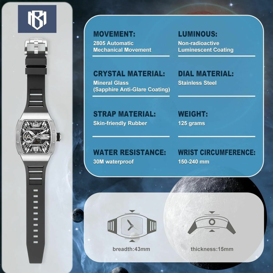 MINBER Minber Skeleton Automatic Watch, 43Mm Dial With Luminous Hands, Self Winding Watch, 3 Atm Waterproof, Tr90 Plastic, Business Casual Sporty Design Men'S Watch, With Rubber Strap Hot