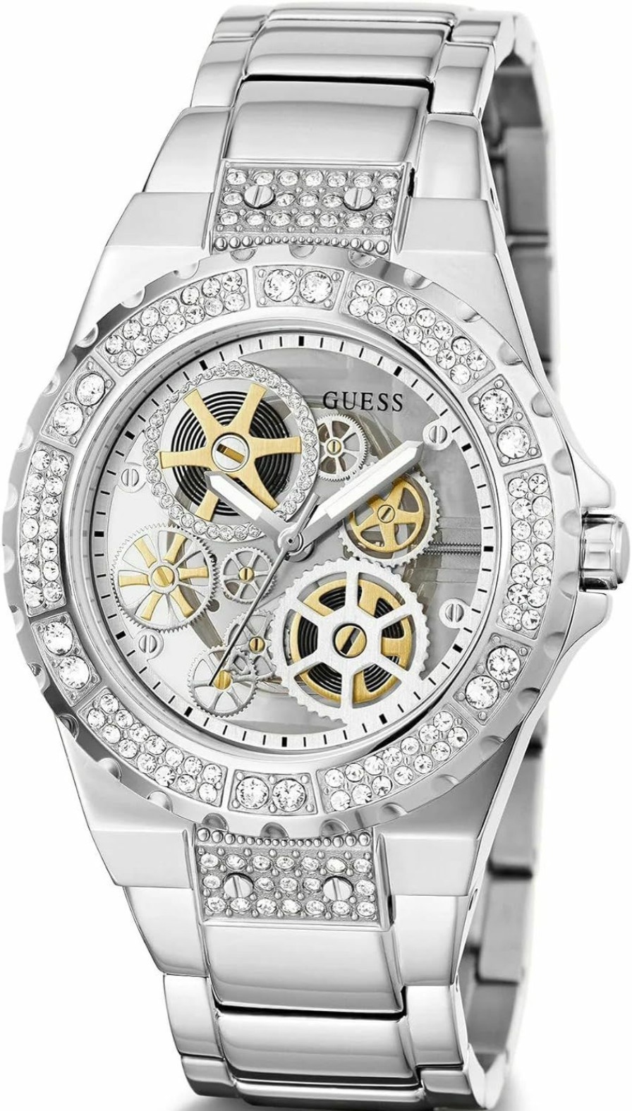 GUESS Guess Ladies Trend Clear-Cut 39Mm Watch Glitz Dial With Iridescent Violet Stainless Steel Case & Bracelet Best