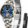 OLEVS Olevs Watch Women Two Tone Stainless Steel Diamond Watches For Women Adjustable Luxur Dress Women'S Wrist Watches With Date And Time Business Classic Quartz Analog Ladies Watches Blue Face Clearance