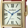 Peugeot Peugeot Women'S 14K Gold Plated Tank Leather Dress Watch With Roman Numerals Dial Wholesale