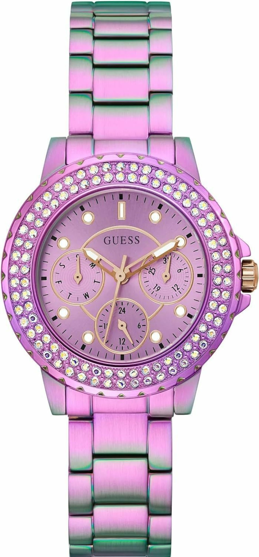 GUESS Guess Ladies Sport Crystal Multifunction 36Mm Watch White Dial Rose Gold-Tone Stainless Steel Case With Blue Silicone Strap New