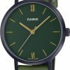 Casio Casio Ltp-Vt02Bl-3A Women'S Minimalistic Black Ip Green Dial Leather Band 3-Hand Analog Watch Best