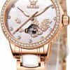 OLEVS Olevs Women'S Rose Gold Automatic Watches Skeleton Mechanical Self Winding Ladies Elegant Luxury Dress Butterfly Diamond White Ceramic Band Watch Gift Hot