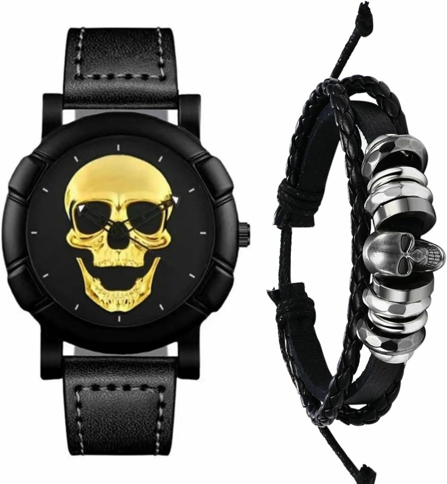 Ibohevo Ibohevo Skull Leather Watch Bracelet: Mens Black Steampunk Goth Women Gothic Punk Rock Cuff Wrist Watch New