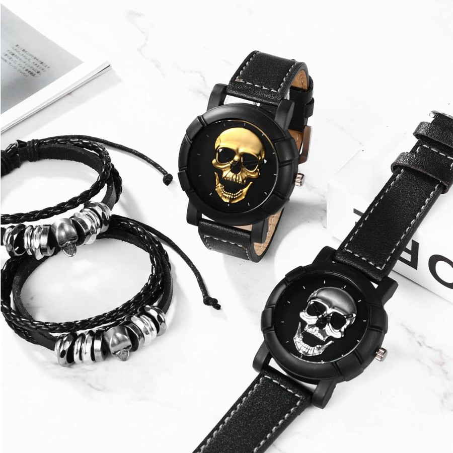 Ibohevo Ibohevo Skull Leather Watch Bracelet: Mens Black Steampunk Goth Women Gothic Punk Rock Cuff Wrist Watch New