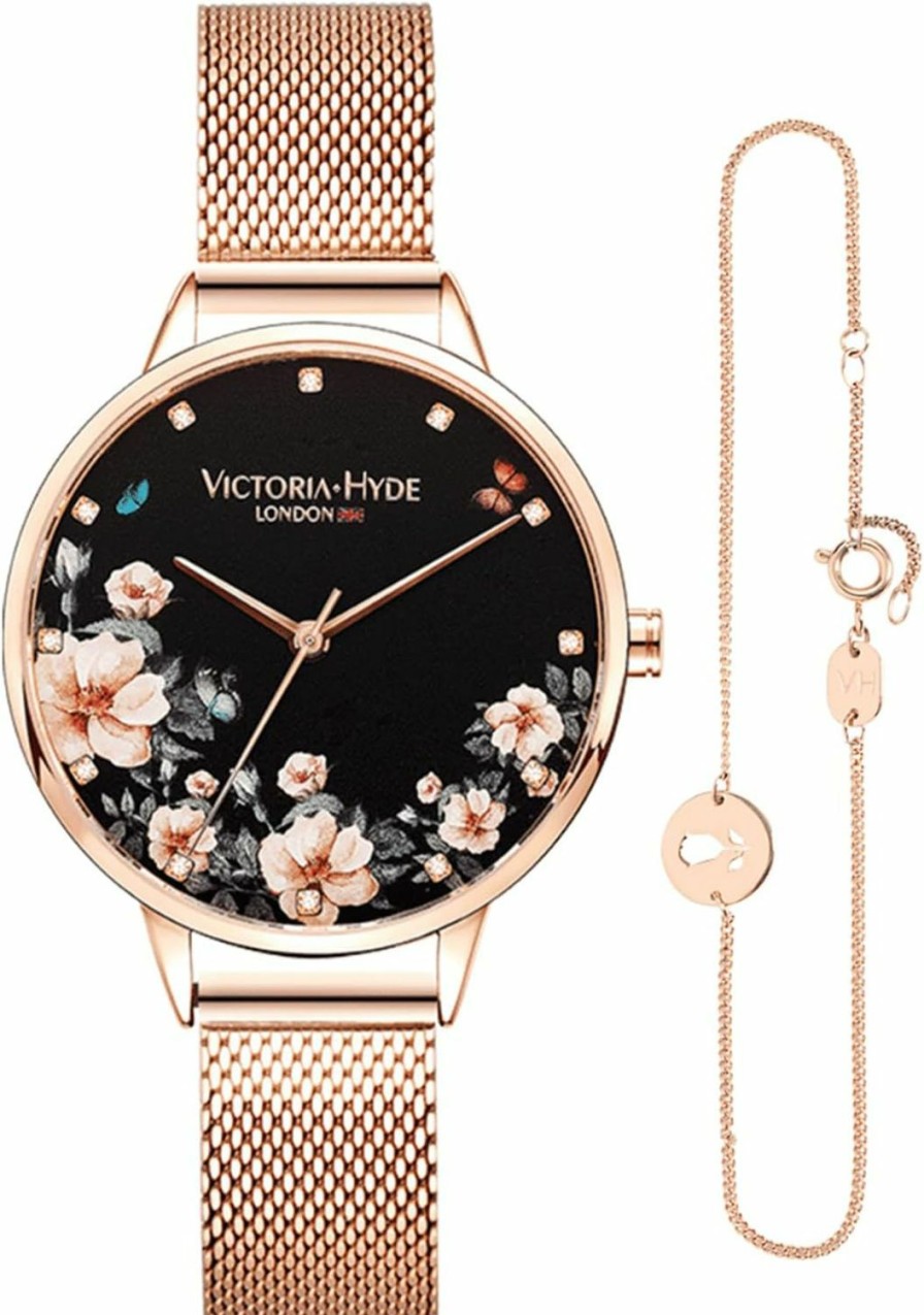 VICTORIA HYDE Victoria Hyde Quartz Watches For Women Floral Dial With Stainless Steel Mesh Band Genuine Leather Strap Waterproof Ladies Wristwatch Wholesale