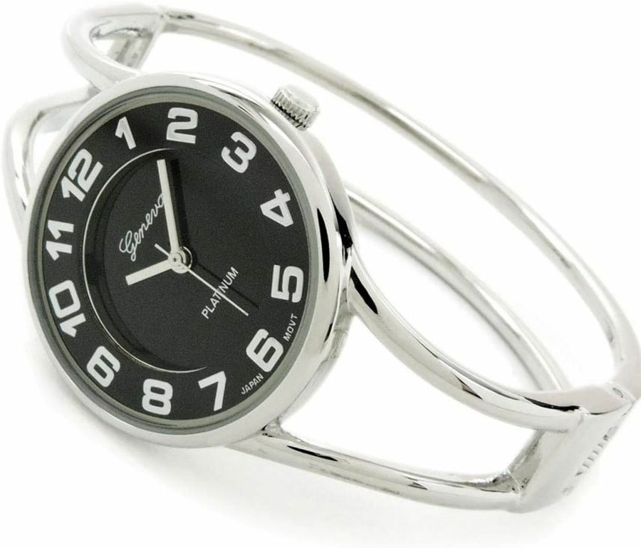 STC Stc Silver Black Round Face Metal Double Band Fashion Women'S Bangle Cuff Watch Best