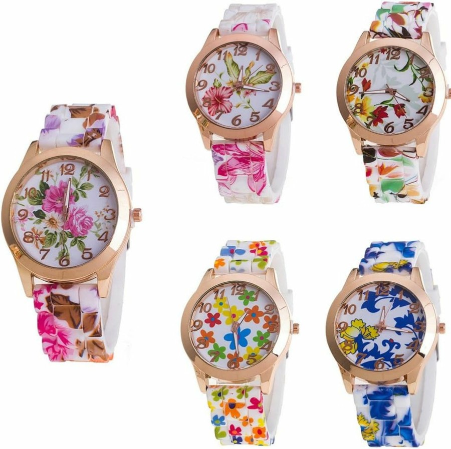 CdyBox Cdybox Women Ladies Girls Floral Dial Silicone Band Analog Watches Rose Gold Tone Numbers (5 Pack) New