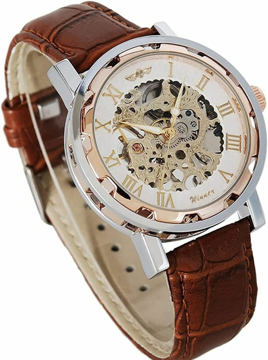 Gute Gute Men'S Watch, Mechanical Skeleton Hand-Wind Steampunk Bling Watch For Men Women, Roman Numeral Pu Leather Silver Rose-Gold Case Uni Wrist Watch Wholesale