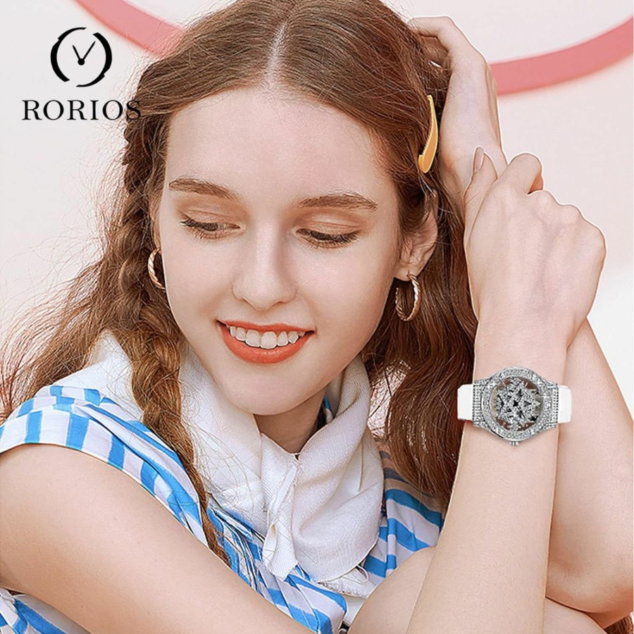 RORIOS Rorios Fashion Dress Women'S Watch Full Diamonds Watch Analog Quartz Wristwatch With Leather Strap Pentagram Dial Watch For Ladies Wholesale