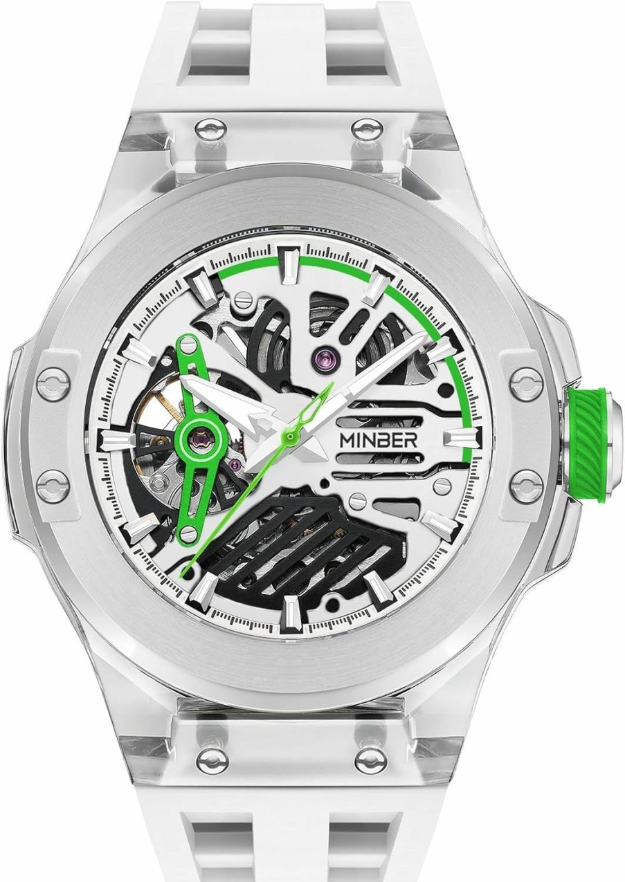 MINBER Minber Skeleton Automatic Watch, 46Mm Dial With Luminous Hands, Self Winding Watch, Stainless Steel&Tr90 Plastic Dial, 3 Atm Waterproof, Men'S Watch, With Rubber Strap Clearance