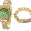 Halukakah Halukakah Diamonds Gold Watch Iced Out,Women'S 18K Real Gold/Platinum White Gold Plated 36Mm Width Green/Blue/Red Dial Quartz Wristband 8\" With Cuban Link Chain 7\"+16\" Necklace Bracelet,Free Giftbox Best