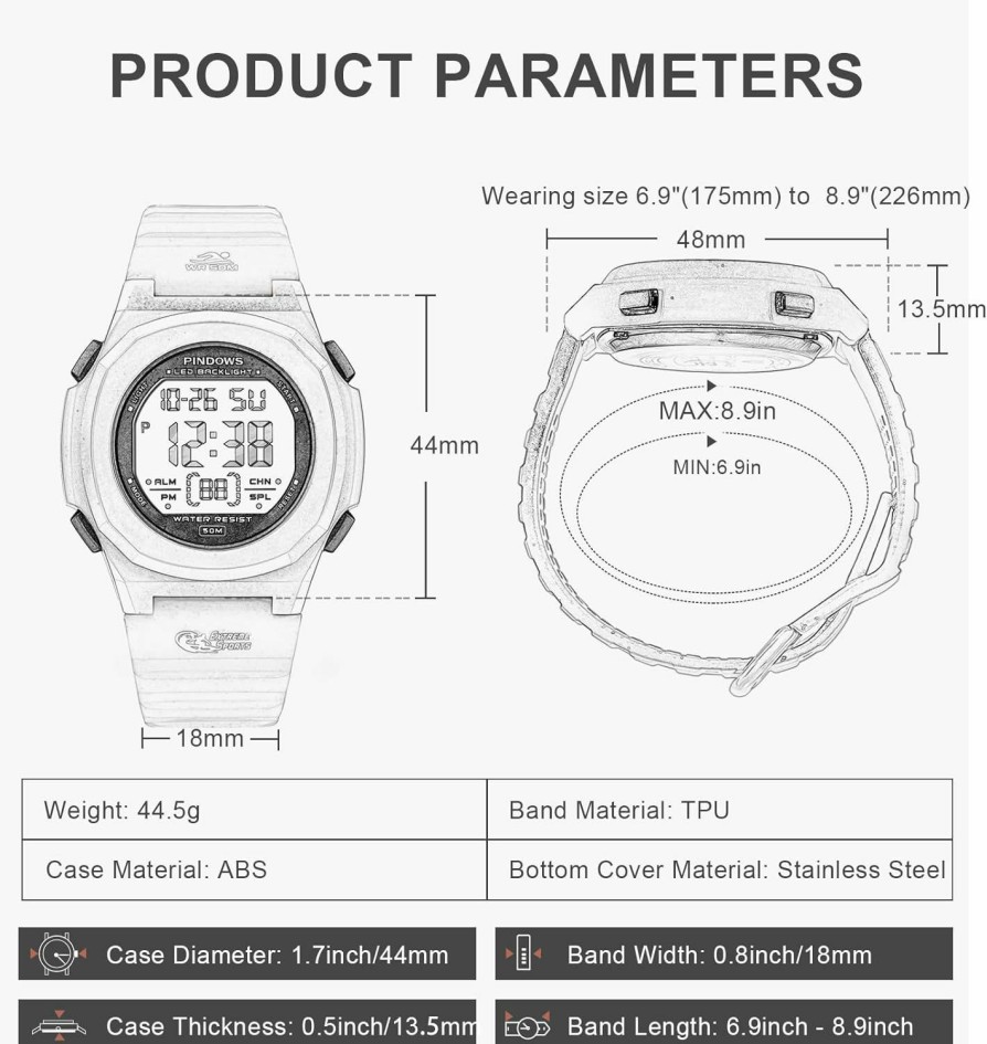 PINDOWS Pindows Watches For Women, Digital Sports Watch 50M Waterproof Led Backlight Calendar Wrist Watch With Alarm Clock. New