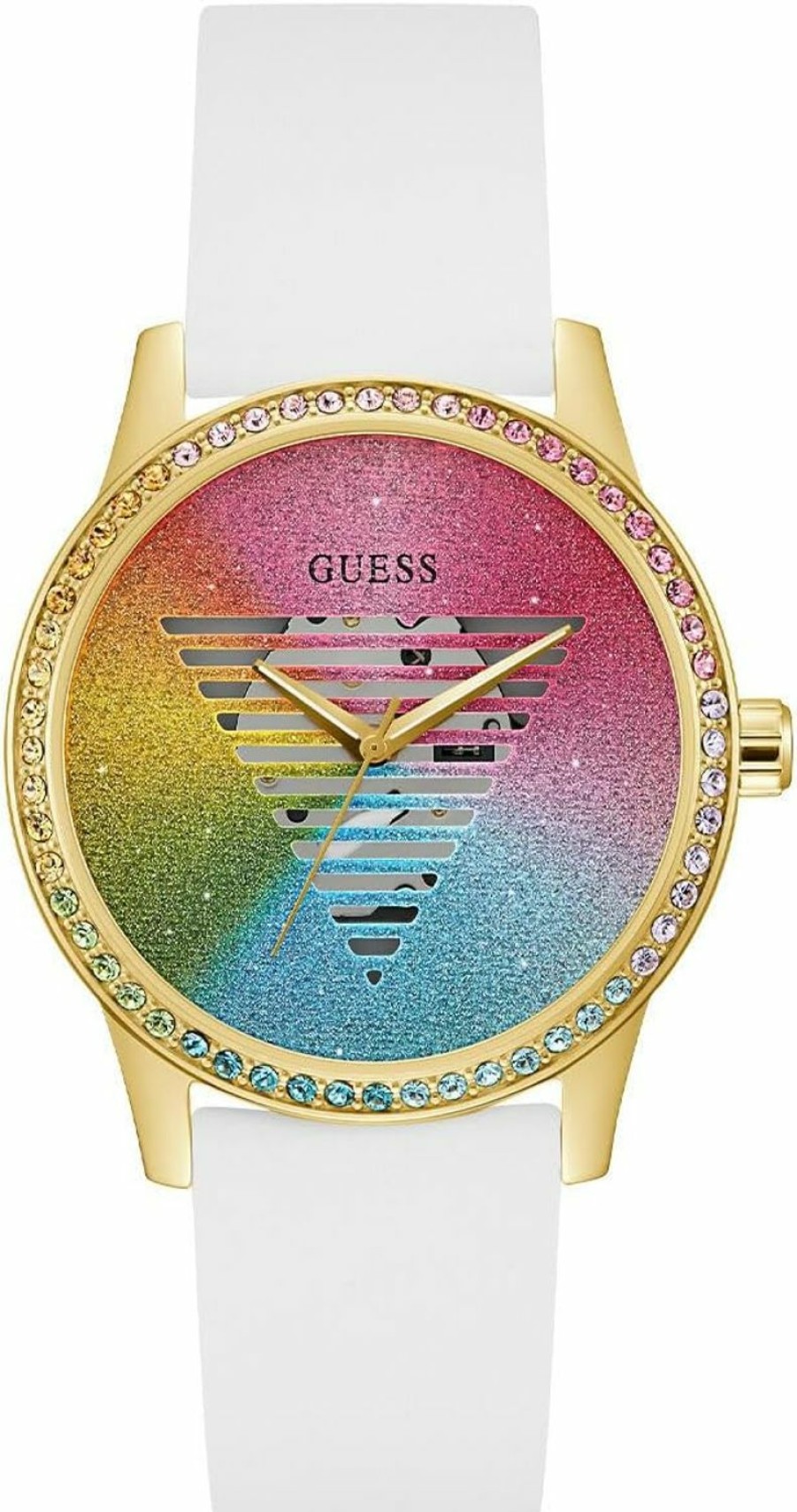 GUESS Guess Ladies 40Mm Watch - White Strap Rainbow Dial Gold Tone Case New