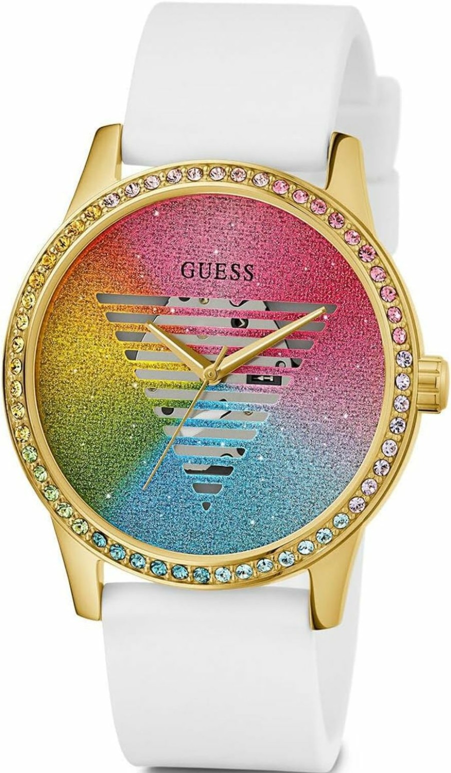 GUESS Guess Ladies 40Mm Watch - White Strap Rainbow Dial Gold Tone Case New