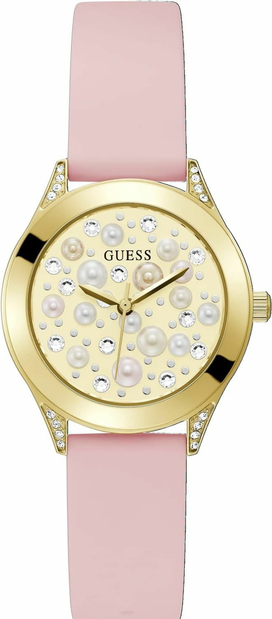 GUESS Guess Ladies Trend Crystal 36Mm Watch Gold-Tone Stainless Steel Case Champagne Dial & Pink Silicone Strap New