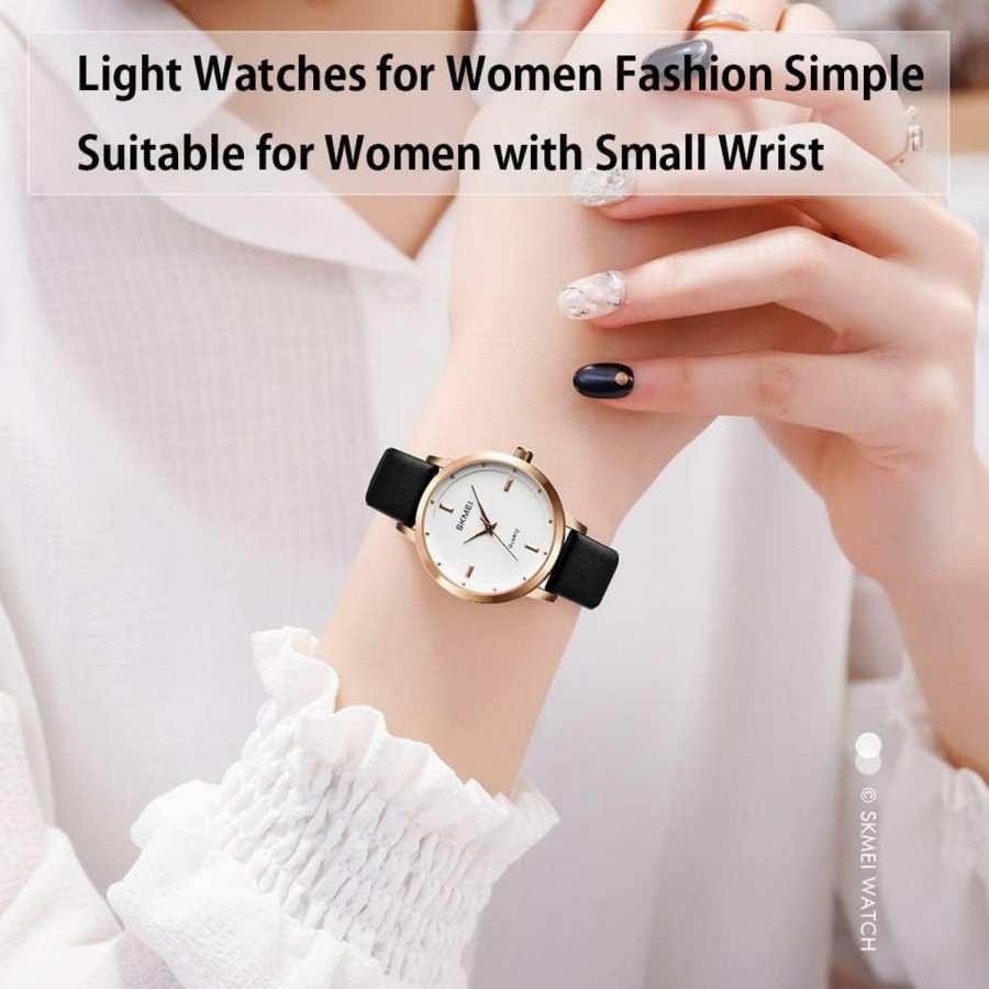 SKMEI Skmei Watches For Women Ladies Black Leather Band Fashion Simple Small Light Minimalist Thin Waterproof Casual Dress Analog Quartz Young Girl Female Gifts Wrist Watch Hot