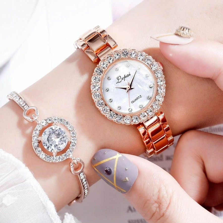 ManChDa Manchda Luxury Ladies Watch Iced Out Watch For Women Crystal Diamond Classic Fashion Romantic Watches + Jewelry Cuff Bracelet Set Mothers Day Gifts Clearance