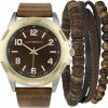 Lucky Brand Lucky Brand Men'S Watch - Gold-Tone Stainless Steel Case, Brown Leather Band, Quartz Movement, Assorted Bracelet With Gift Box Hot