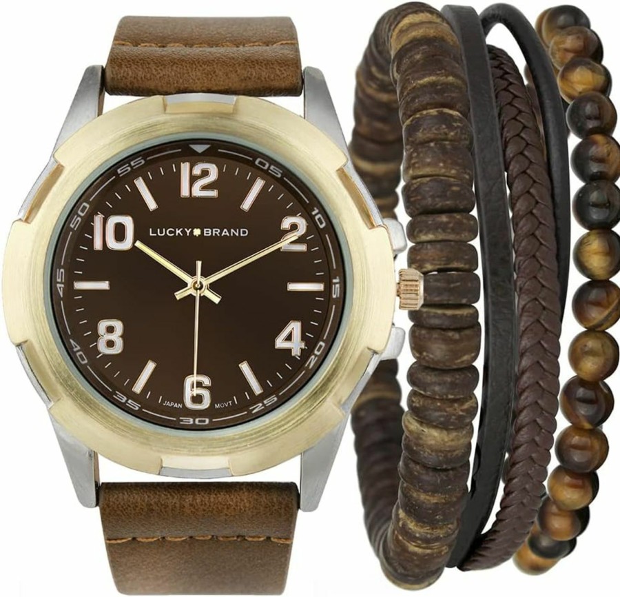 Lucky Brand Lucky Brand Men'S Watch - Gold-Tone Stainless Steel Case, Brown Leather Band, Quartz Movement, Assorted Bracelet With Gift Box Hot