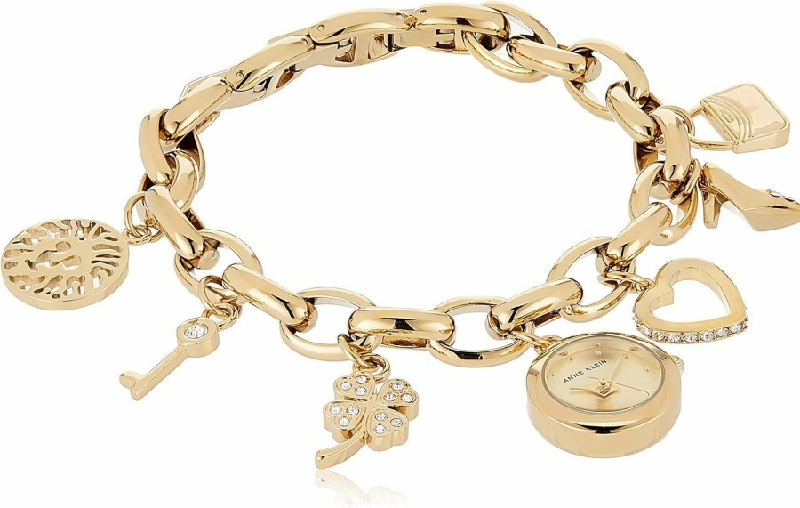 Anne Klein Anne Klein Women'S Premium Crystal Accented Gold-Tone Charm Bracelet Watch, 10/7604Chrm Best