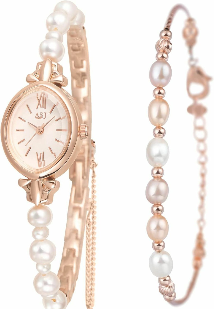 Clastyle Clastyle Natural Pearls Watch And Bracelet Set For Women Elegant Rose Gold Ladies Dress Watch Set Stylish Oval Dial Wrist Watches With Pearl Bracelet Hot