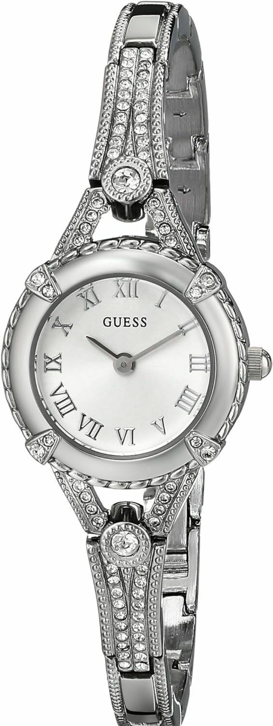 GUESS Guess Petite Silver-Tone Crystal Bracelet Watch With Self-Adjustable Links. Color: Silver-Tone (Model: U0135L1) New