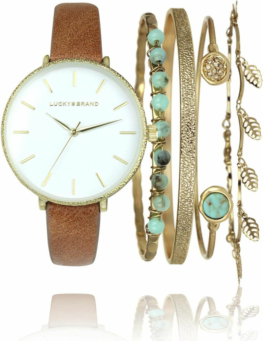 Lucky Brand Lucky Brand Watches For Women Americana Style Genuine Leather Band Minimalist Quartz Movement Women'S Wrist Watches Bracelet Gift Box Set (Gold) Hot