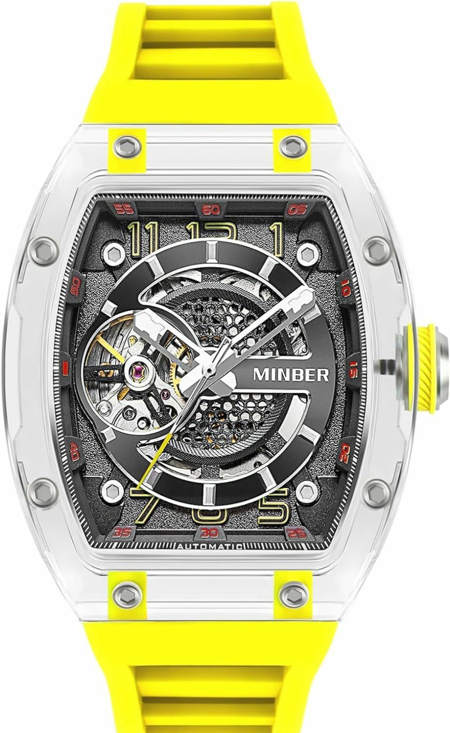 MINBER Minber Skeleton Automatic Watch, 43Mm Dial With Luminous Hands, Self Winding Watch, 3 Atm Waterproof, Tr90 Plastic, Business Casual Sporty Design Men'S Watch, With Yellow Rubber Strap Clearance