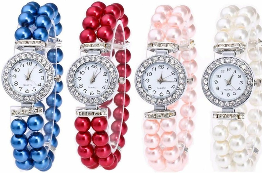 Weicam Weicam 4Pc Women Crystal Pearl Bracelet Analog Quartz Wrist Watch Wholesale Watches Wholesale