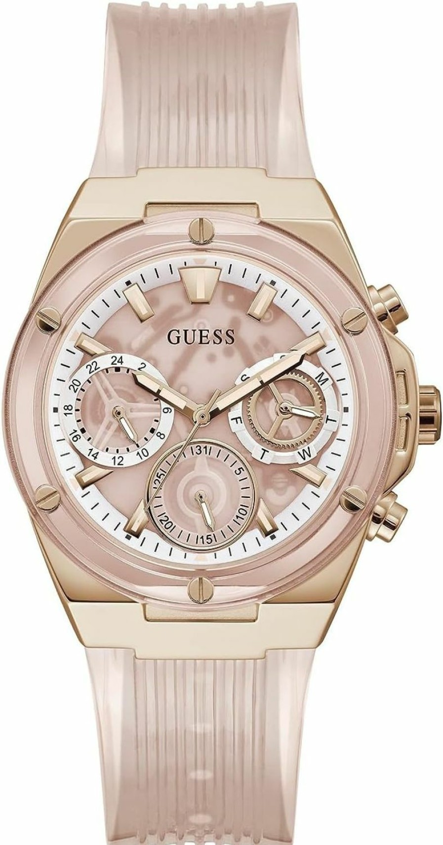 GUESS Guess Ladies Sport Clear Multifunction 39Mm Watch Transparent Dial Rose Gold-Tone Stainless Steel Case With Pink Transparent Polycarbonate Strap Clearance