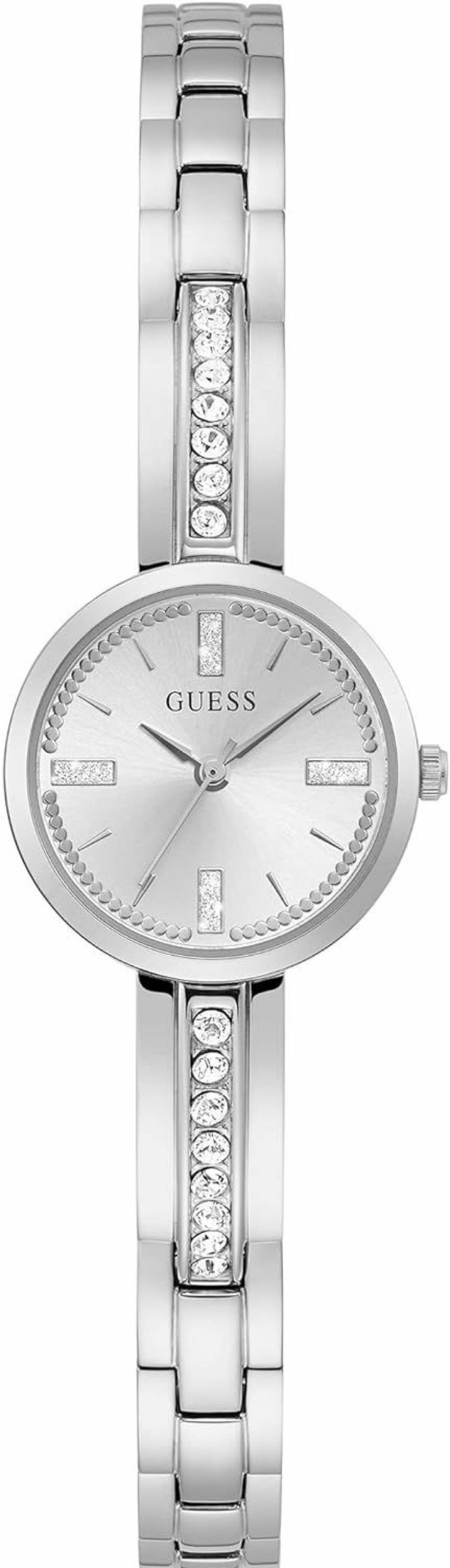 GUESS Guess Ladies Jewelry Crystal Accented 22Mm Watch Silver Dial With Silver-Tone Crystal Stainless Steel Case & Bangle Bracelet Clearance